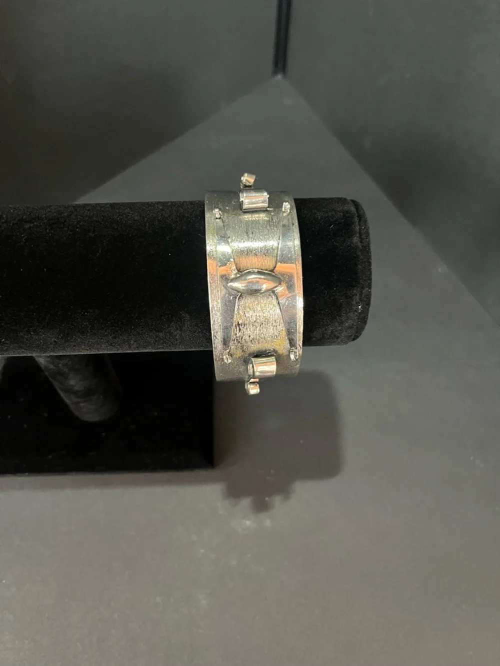 Silvertone Modernist industrial cuff bracelet Sculptural Steampunk
